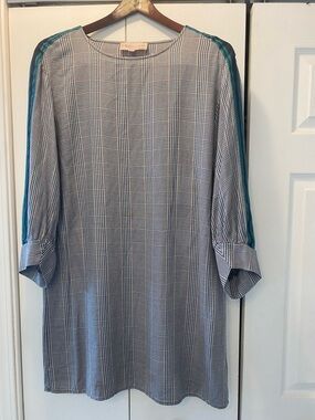 Philosophy Gray Plaid Tunic with Teal Stripe Sleeves